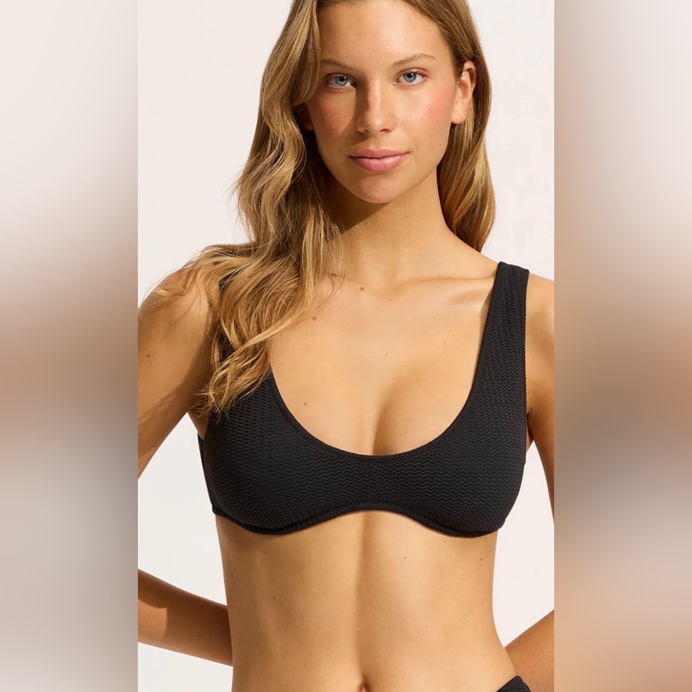 NWT Seafolly  Sea Dive Multi Fit Longline Swim Bikini Top - Black Sz US 8 $110